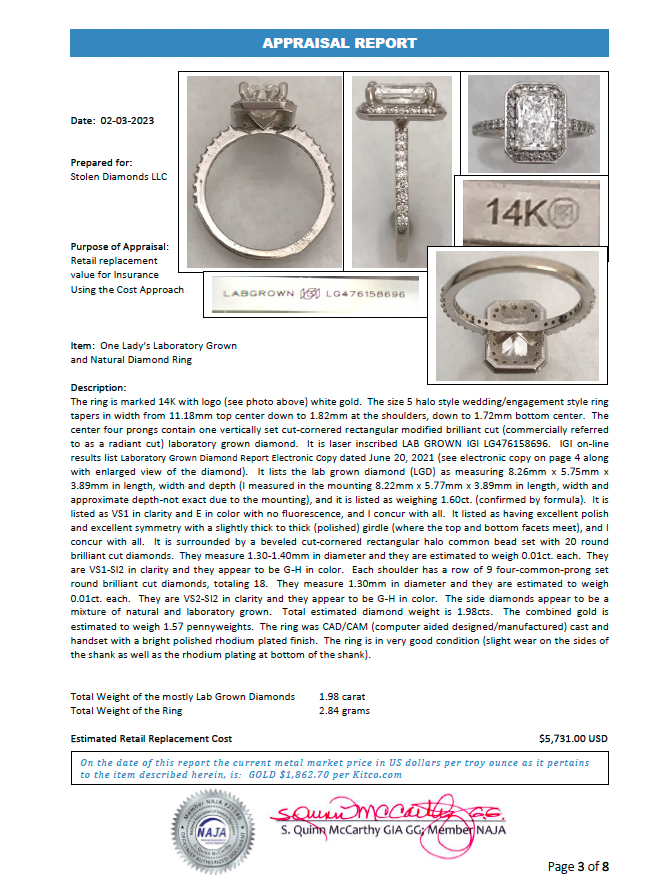 14K 1.98 CTW Lab Grown Diamond Ring w/IGI Report